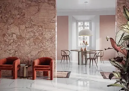 Background tile, Effect stone,other marbles, Color pink,orange, Unglazed porcelain stoneware, 120x278 cm, Finish polished