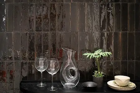 Basistegels, Kleur zwarte, Stijl zellige, Geglazuurde porseleinen steengoed, 6x24 cm, Oppervlak glanzend
