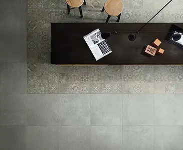 Carrelage, Effet imitation carreaux de ciment, Teinte grise, Style patchwork, Grès cérame non-émaillé, 60x60 cm, Surface mate