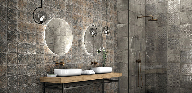 Porseleinen tegels Antigua geproduceerd door Realonda, Stijl patchwork, Terracotta-look, betonlook effect