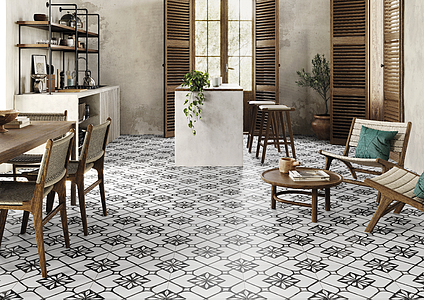 Background tile, Effect faux encaustic tiles, Color black & white, Glazed porcelain stoneware, 44x44 cm, Finish Honed