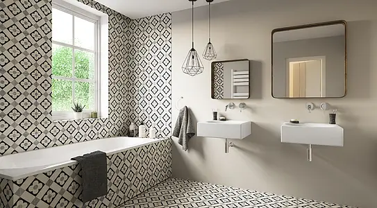 Background tile, Effect faux encaustic tiles, Color multicolor,black & white, Glazed porcelain stoneware, 44x44 cm, Finish Honed