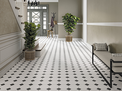 Background tile, Effect faux encaustic tiles, Color white,black & white, Glazed porcelain stoneware, 33x33 cm, Finish Honed