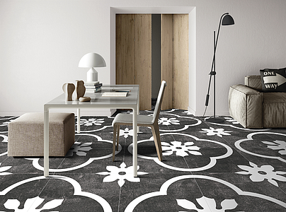 Background tile, Effect faux encaustic tiles, Color black & white, Glazed porcelain stoneware, 44x44 cm, Finish Honed