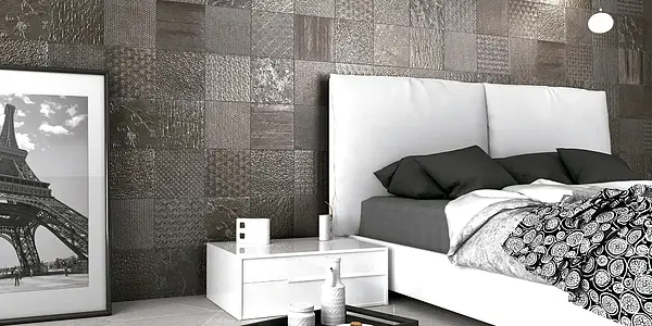 Bakgrundskakel, Textur metall, Färg grå, Stil patchwork, Glaserad granitkeramik, 44x44 cm, Yta Satinerat