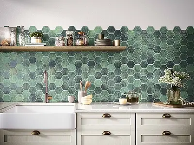 Azulejos a imitar mosaico, Cor verde, Estilo zellige, Grés porcelânico vidrado, 26.5x51 cm, Superfície brilhante