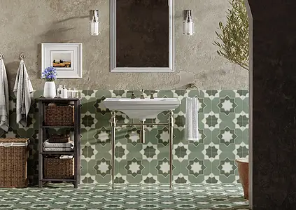 Carrelage, Effet imitation carreaux de ciment, Teinte verte, Style oriental, Grès cérame émaillé, 33x33 cm, Surface Satinée
