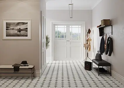 Background tile, Effect faux encaustic tiles, Color white,black & white, Glazed porcelain stoneware, 33x33 cm, Finish Honed