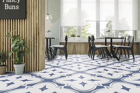 Background tile, Effect faux encaustic tiles, Color white,multicolor,sky blue, Glazed porcelain stoneware, 44x44 cm, Finish Honed