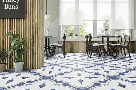 Background tile, Effect faux encaustic tiles, Color white,multicolor,sky blue, Glazed porcelain stoneware, 44x44 cm, Finish Honed