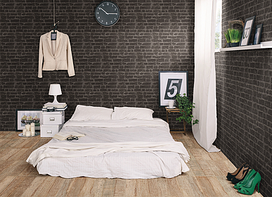 Bakgrunnsflis, Effekt murstein, Farge svart, Glasert porselenssteintøy, 31x56 cm, Overflate matt