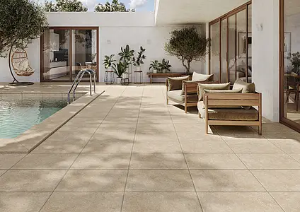Background tile, Effect travertine, Color beige, Glazed porcelain stoneware, 44x66 cm, Finish antislip