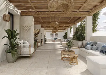 Background tile, Effect travertine, Color beige, Glazed porcelain stoneware, 44x66 cm, Finish antislip