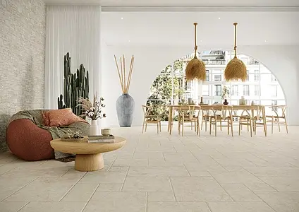 Background tile, Effect travertine, Color beige, Glazed porcelain stoneware, 44x66 cm, Finish matte