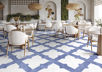 Background tile, Effect faux encaustic tiles, Color white,multicolor,sky blue, Glazed porcelain stoneware, 44x44 cm, Finish Honed