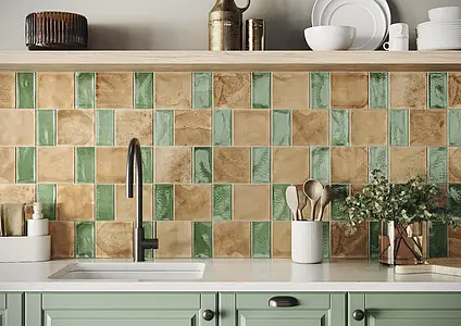 Background tile, Effect terracotta, Color green,brown, Glazed porcelain stoneware, 15x45 cm, Finish matte
