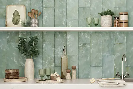 Grundflise, Effekt beton, Farve grøn, Glaseret porcelænsstentøj, 15x45 cm, Overflade mat