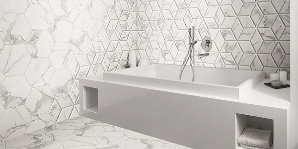 Background tile, Effect stone,carrara, Color white, Glazed porcelain stoneware, 28.5x33 cm, Finish glossy