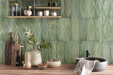 Background tile, Color green, Style zellige, Glazed porcelain stoneware, 15x45 cm, Finish glossy