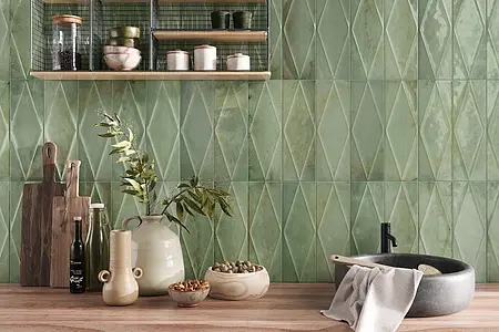 Background tile, Color green, Style zellige, Glazed porcelain stoneware, 15x45 cm, Finish glossy