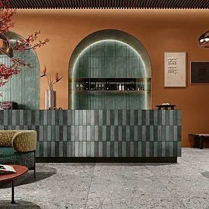 Background tile, Effect brick, Color green, Glazed porcelain stoneware, 7.2x29 cm, Finish matte