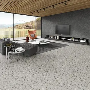Carrelage, Effet terrazzo, Teinte grise, Grès cérame non-émaillé, 90x90 cm, Surface antidérapante