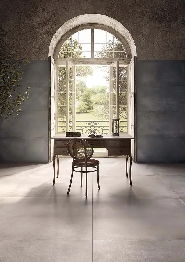Background tile, Effect concrete, Color grey, Unglazed porcelain stoneware, 120x120 cm, Finish antislip