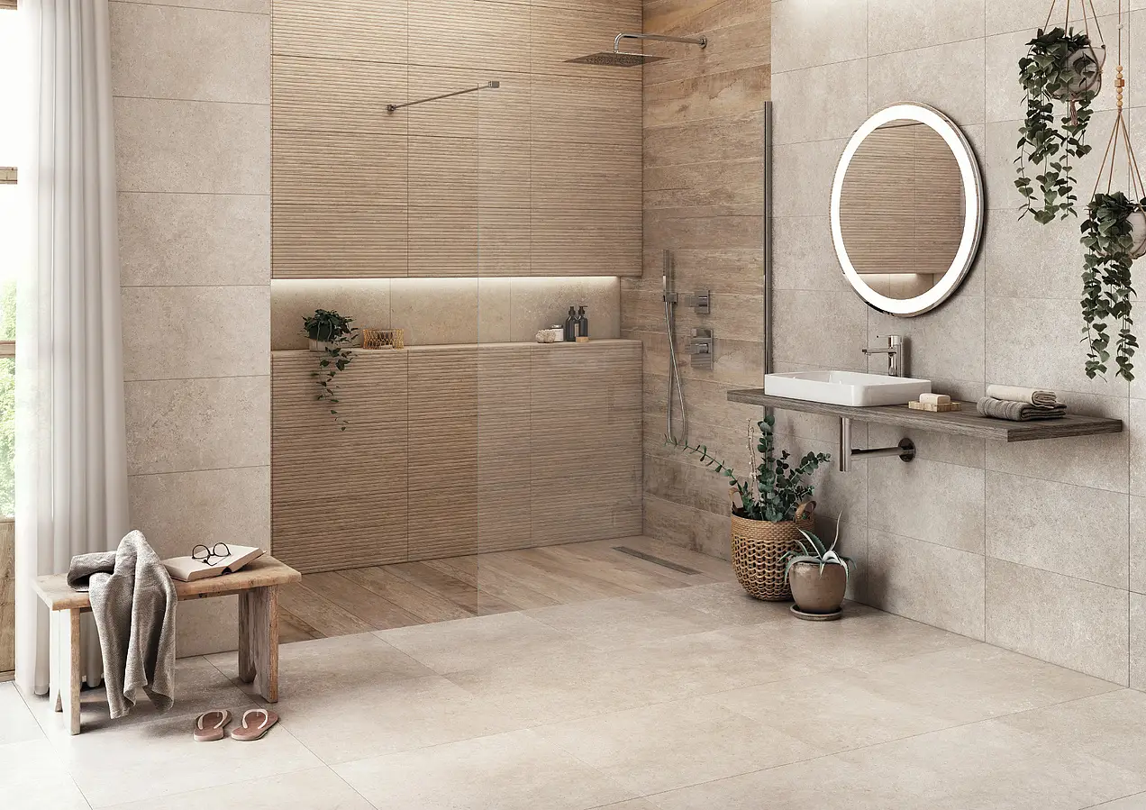 Background tile, Effect limestone, Color beige, Glazed porcelain stoneware, 30x60 cm, Finish antislip