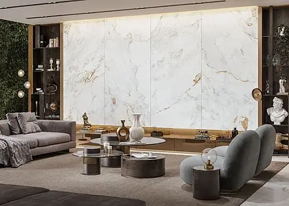 Grundflise, Effekt sten,other marbles, Farve hvid, Glaseret porcelænsstentøj, 120x250 cm, Overflade poleret