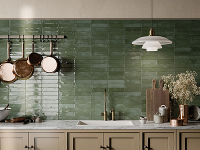 Background tile, Effect unicolor, Color green, Style zellige, Glazed porcelain stoneware, 4.8x20 cm, Finish glossy