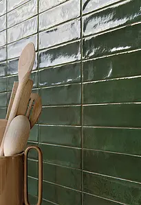 Background tile, Effect unicolor, Color green, Style zellige, Glazed porcelain stoneware, 4.8x20 cm, Finish glossy