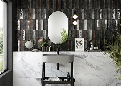 Background tile, Effect brick, Color black, Glazed porcelain stoneware, 6x25 cm, Finish matte