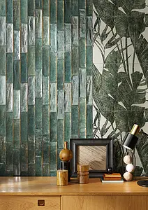 Background tile, Effect brick, Color green, Glazed porcelain stoneware, 6x25 cm, Finish glossy