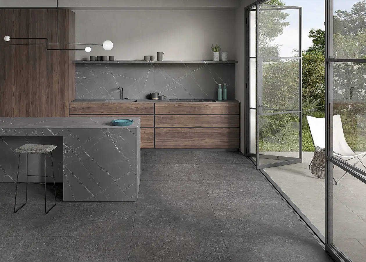 Background tile, Effect other stones, Color black, Glazed porcelain stoneware, 90x90 cm, Finish matte