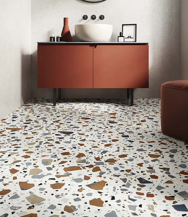 Background tile, Effect terrazzo, Color white, Glazed porcelain stoneware, 90x90 cm, Finish antislip