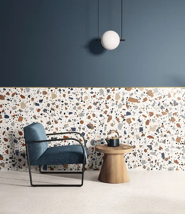 Background tile, Effect terrazzo, Color white, Glazed porcelain stoneware, 120x120 cm, Finish antislip