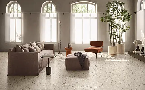 Grundflise, Effekt terrazzo, Farve beige, Glaseret porcelænsstentøj, 120x120 cm, Overflade skridsikker