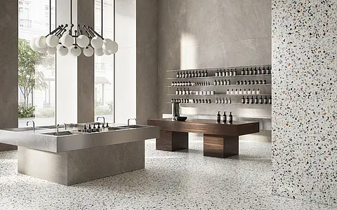 Background tile, Effect terrazzo, Color white,multicolor, Glazed porcelain stoneware, 120x120 cm, Finish antislip