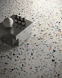 Background tile, Effect terrazzo, Color white,multicolor, Glazed porcelain stoneware, 120x120 cm, Finish antislip