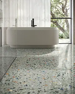 Background tile, Effect terrazzo, Color green,multicolor, Glazed porcelain stoneware, 120x120 cm, Finish polished