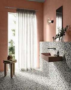 Background tile, Effect terrazzo, Color black & white, Glazed porcelain stoneware, 6.5x30 cm, Finish Honed