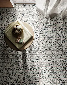 Background tile, Effect terrazzo, Color black & white, Glazed porcelain stoneware, 6.5x30 cm, Finish Honed