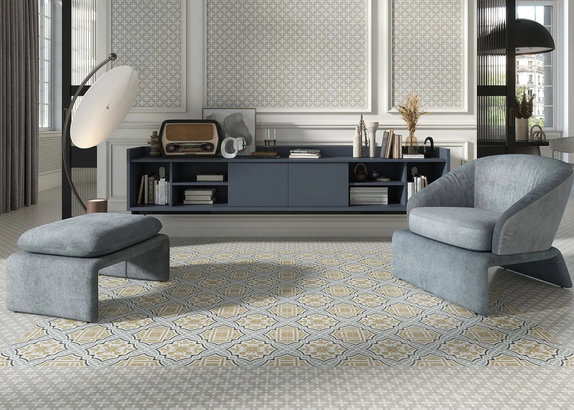 Background tile, Effect faux encaustic tiles, Color beige, Glazed porcelain stoneware, 15x15 cm, Finish matte