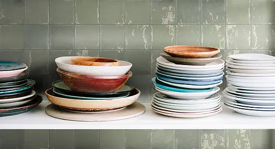 Background tile, Color green, Ceramics, 12.5x12.5 cm, Finish glossy