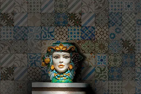 Azulejo de fundo, Efeito azulejos de encáustica falsa, Cor multicolor, Estilo patchwork, Grés porcelânico vidrado, 21.6x21.6 cm, Superfície mate