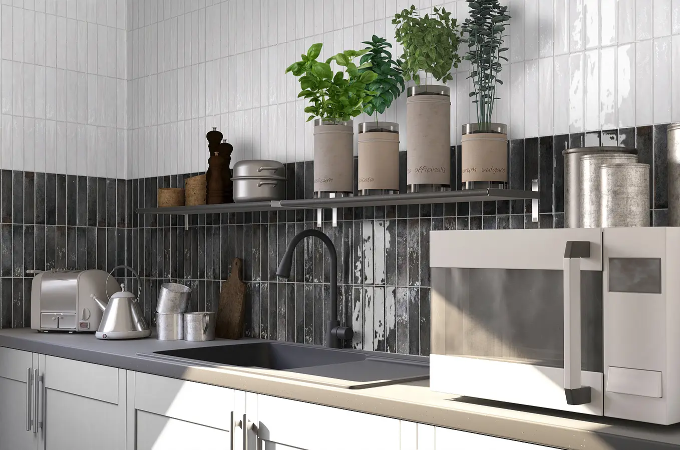 Background tile, Color black, Glazed porcelain stoneware, 6x25 cm, Finish glossy