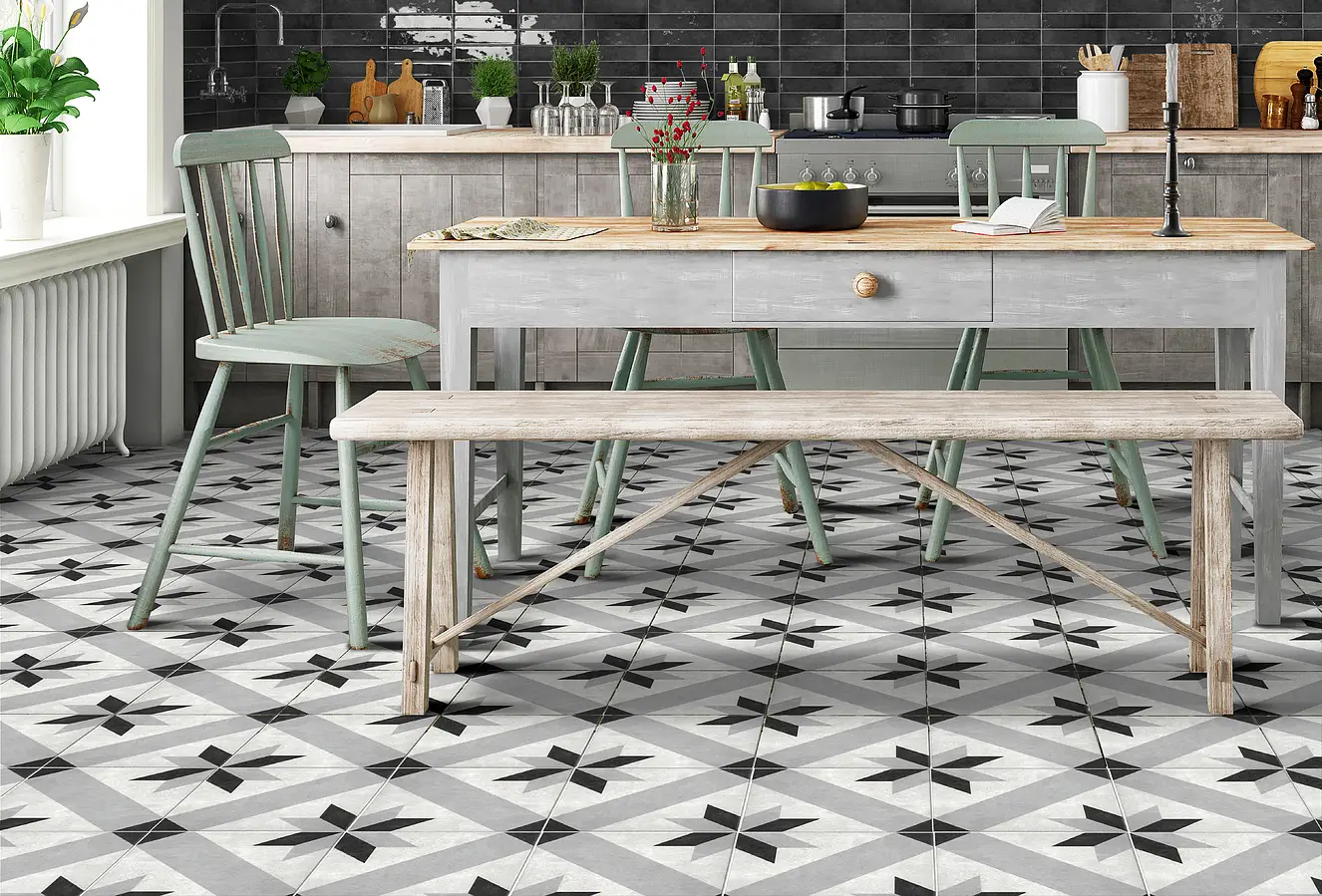 Background tile, Effect faux encaustic tiles, Color black & white, Glazed porcelain stoneware, 20.5x20.5 cm, Finish antislip