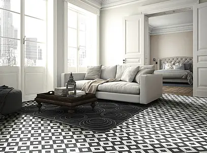 Background tile, Effect faux encaustic tiles, Color black & white, Glazed porcelain stoneware, 20.5x20.5 cm, Finish antislip