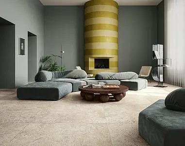 Grundflise, Effekt travertin, Farve beige, Glaseret porcelænsstentøj, 120x120 cm, Overflade skridsikker