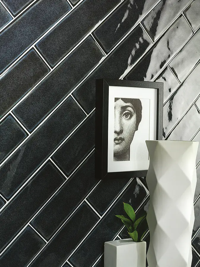 Background tile, Effect brick,unicolor, Color black, Glazed porcelain stoneware, 7.6x30.5 cm, Finish glossy